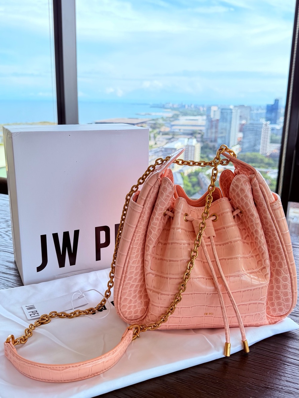 JW PEI Pink Croc Rowan Ruched Drawstring Chain Bucket Bag